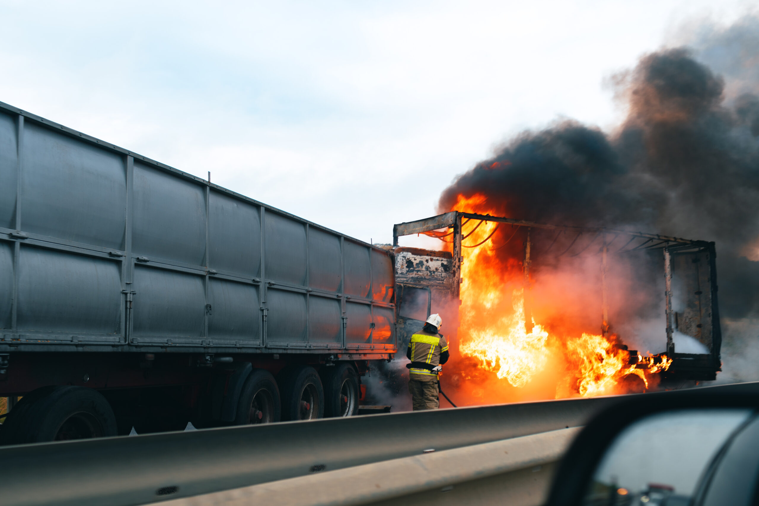 Truck accident on highway with vehicle damage